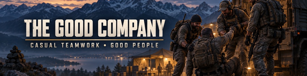 A squad helping a teammate beneath The Good Company banner